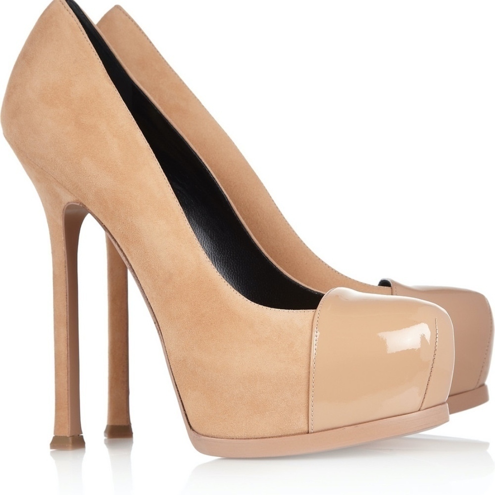 Yves Saint Laurent Tan Tribute Suede Patent Pumps